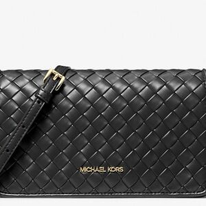 NWT Michael Kors Black Woven Jet Set Travel Crossbody Flap Bag $358 retail